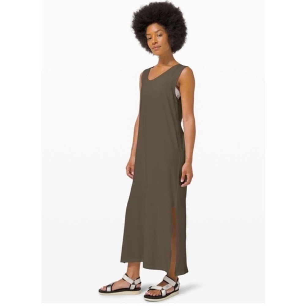 Lululemon All Yours Tank Maxi Dress Dark Olive Green Side Slits Sleeveless 6
